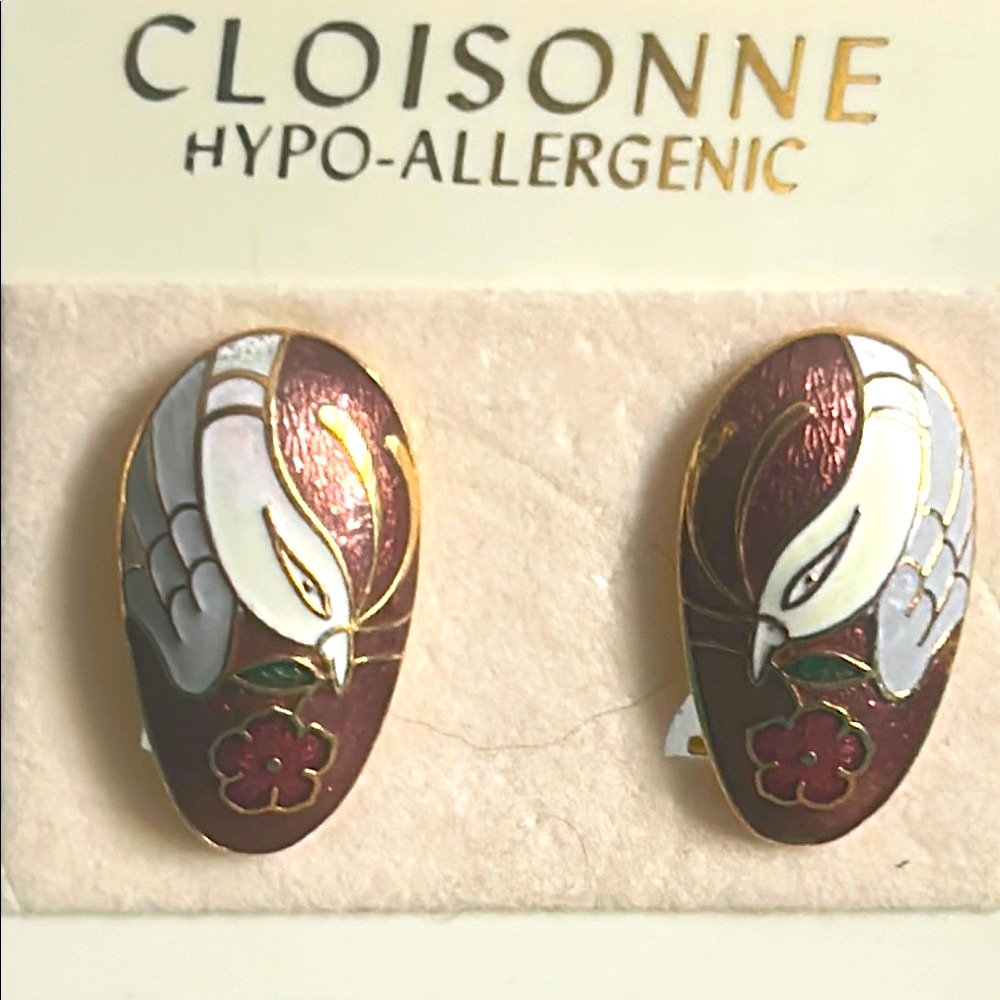 New Cloisonne Bird and Floral Design Enamel Pierced Earrings